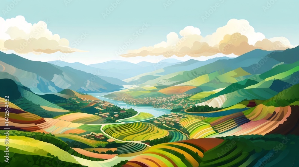 Poster ピクセルアートによる緑豊かな山岳地帯のパノラマビュー穏やかな青空と白い雲が特徴