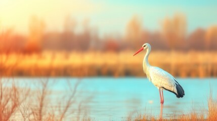 A stork is positioned near the water, surrounded by soft hues of sunset and a serene natural setting © tashechka
