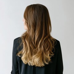 Naklejka premium A portrait captures a beautiful young brunette woman from the back, with her long hair in flowing waves