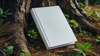 book with blank cover and empty cover perched in a forest 