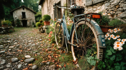 Rustic vintage bicycle in scenic countryside garden