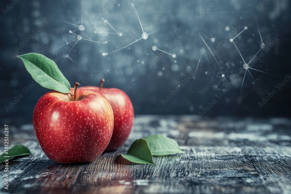 Aufkleber fresh red apples on a rustic table with colorful leaves and a starry background