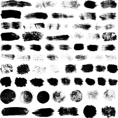 Set of black and white grunge overlay texture shapes, painting ink organic strokes lines circles noise patterns png
