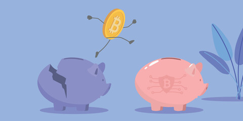 Profitable investment, interest deposit, piggy bank, crypto wallet. Electronic money security, blockchain, bitcoin vector illustration, economic crisis, saving finances