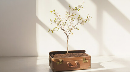 Blossoming tree in vintage suitcase planter with sunlit shadows in minimalist setting