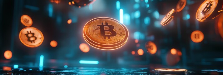 Futuristic Digital Finance: Conceptual Bitcoin Currency in Neon-lit Cyberspace