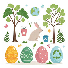 Easter Earth Day elements such as trees, eggs, and rabbits
