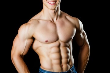 Fototapeta premium A bodybuilder posing is depicted in a portrait set against a black background