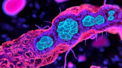 Obraz premium A vibrant microscopic view of cells and structures, showcasing intricate details in blue and pink hues.