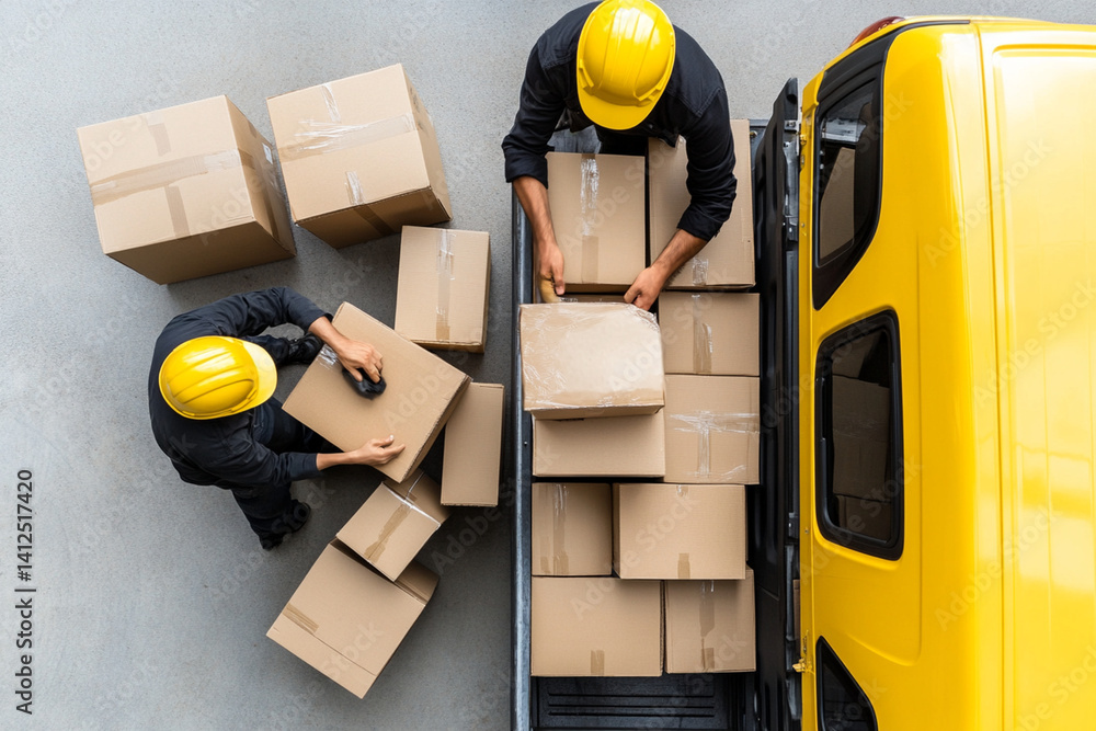Poster warehouse workers in chaotic activity loading boxes onto truck during busy operational hours