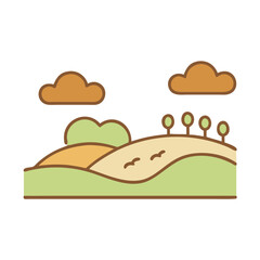 Pastoral landscape illustration with hills, clouds, and trees