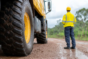 Worker stands near heavy machinery on dirt road without safety equipment during daylight