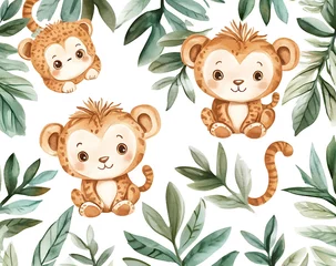 Adorable cartoon monkeys amidst lush tropical leaves.