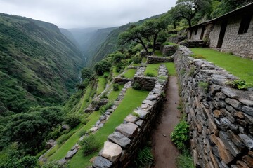 Stone structures set against a dramatic valley create an awe-inspiring image of nature’s beauty, emphasizing the relationship between architecture and the landscape.