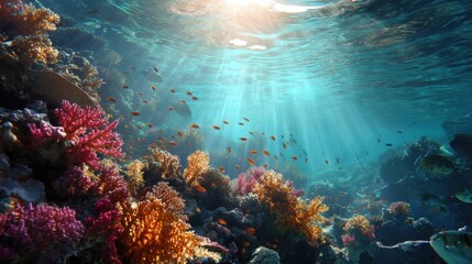 Underwater coral reef scene with colorful fish tropical ocean nature photography vibrant environment serene viewpoint marine life