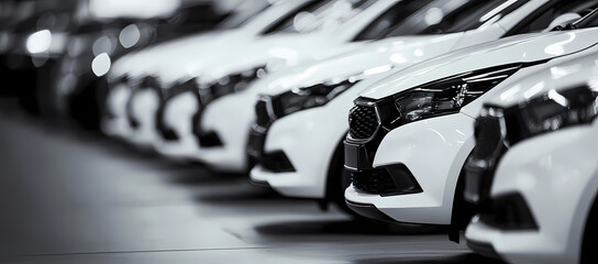 Fleet of Elegant Sedans: A captivating grayscale shot showcases a neat row of sleek, modern sedans, exuding sophistication. The image is a testament to engineering.