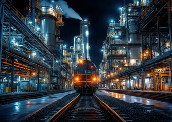 Fototapeta premium Nighttime refinery complex illuminated with an approaching train on the tracks
