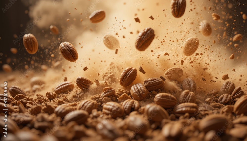 Poster dynamic pecan nuts exploding in a cloud of dust a stunning culinary image