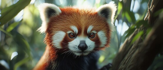 Obraz premium Cute red panda enthusiastically posing in lush green foliage