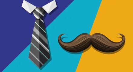 Stylized Geometric Illustration of a Necktie and Mustache on a Colorful Background