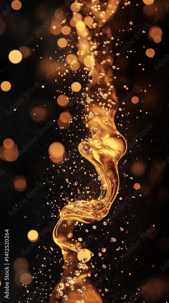 Poster abstract liquid gold swirls on a dark canvas with floating bokeh orbs display