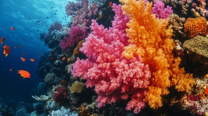 Obraz premium Vibrant coral reef teeming with life. Colorful corals, fish, and marine life
