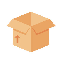 Open shipping cardboard box with upward arrow on black