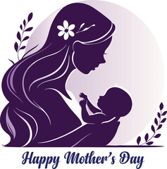 Beautiful  Mother and Daughter Illustration for Mother's Day: Happy Mother's Day Card Design with Floral Accents. 