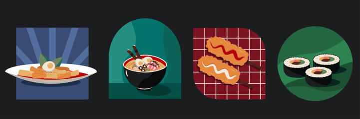 Flat style illustration of four Korean dishes—tteokbokki, ramen, corn dog, and kimbap—presented in bold graphic shapes and colors, perfect for food-themed design, posters, and culinary projects.
