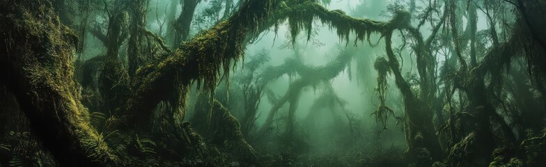Mystical Enchanted Forest with Moss-Covered Trees and Eerie Atmosphere
