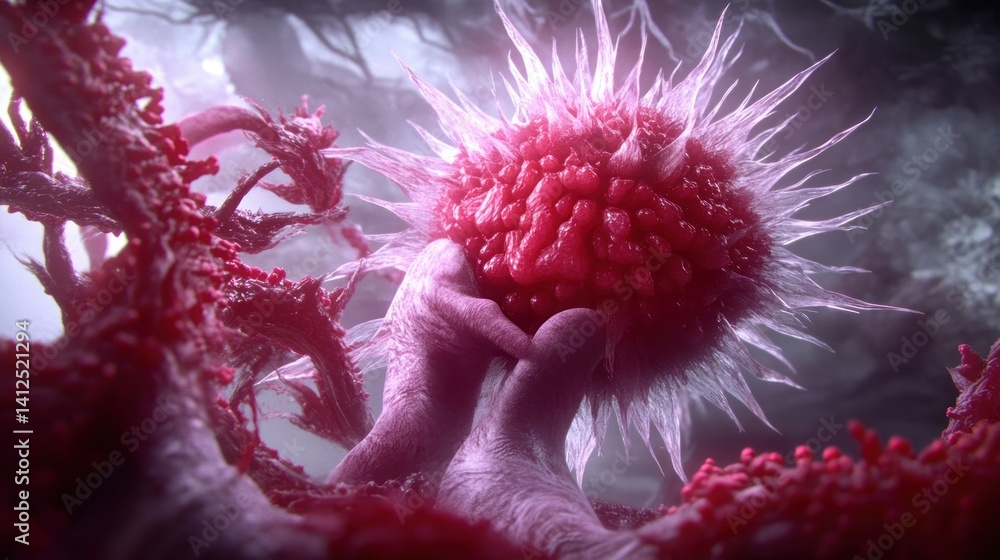 Poster an abstract close up depiction of cellular and biological structures