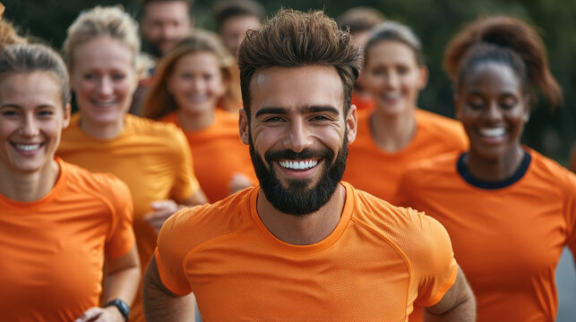 group of people orange shirts running together, showcasing teamwork and joy fitness activity. Their smiles reflect enthusiasm - Powered by Adobe