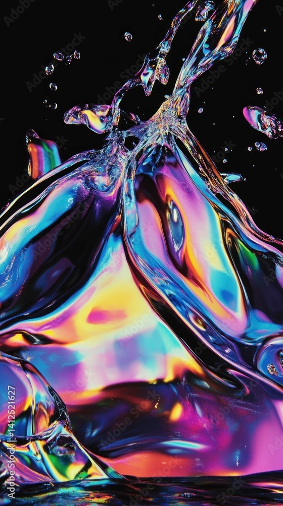 Poster iridescent liquid motion, cascading colors in dynamic abstraction against dark background