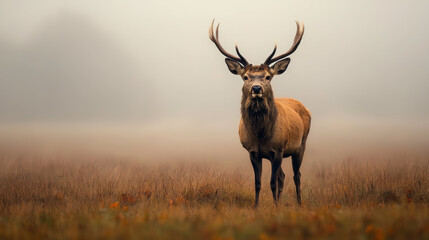 Obraz premium majestic deer stands alone in foggy autumn landscape, showcasing its impressive antlers amidst serene atmosphere