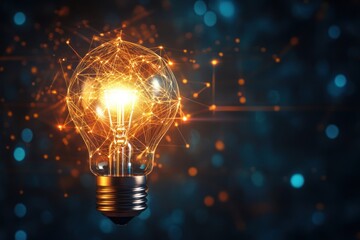 Glowing lightbulb with network connections against a dark blue bokeh background.