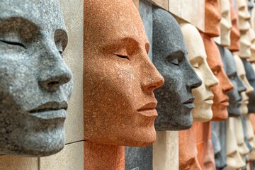 A wall of sculpted faces, made from different shades of textured stone or cork-like material.