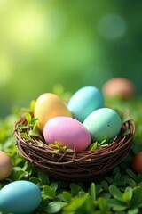 Obraz premium Serene easter scene with pastel colored eggs in nest surrounded by fresh greenery, Easter, copy space