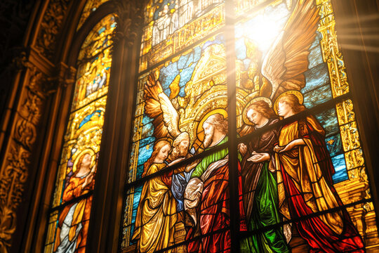 Vibrant stained glass window depicting angelic figures in sunlit church