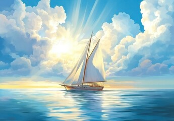 Fototapeta premium Serene Sailing Boat Under Bright Sky with Fluffy Clouds and Sunlight