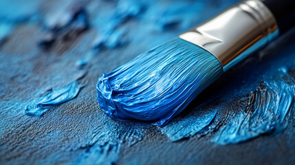 Fototapeta premium Brush applying vibrant blue acrylic paint in an expressive, textured stroke