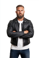 Fototapeta premium Confident man in black leather jacket with arms crossed on white background 