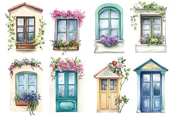Eight watercolor illustrations of windows and doors adorned with flowers.