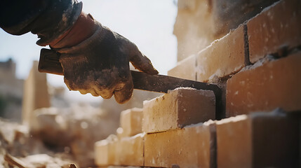 Mason cutting bricks for a wall construction. Featuring masonry and building techniques