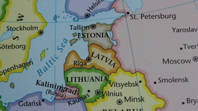 close up of the country of Latvia viewed on a wold map as a travel concept. Estonia on a map. Political map of Lithuania 
