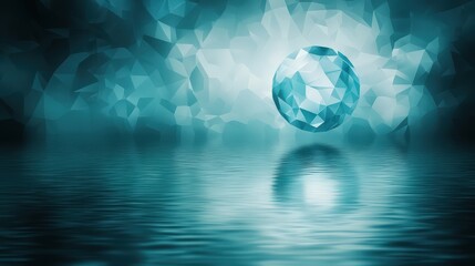 Blue Sphere Above Reflective Water With Polygonal Background