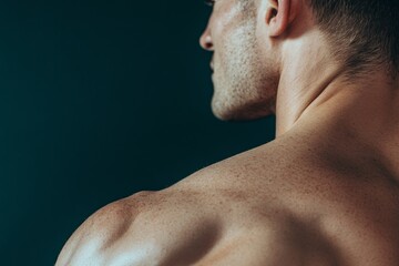 Naklejka premium A partial view of a muscular back is visible as a sexy bodybuilder poses in isolation against a black background