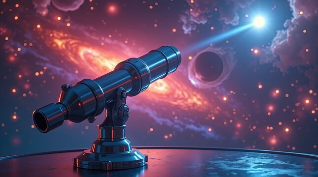 Space exploration illustrated. Scientists study stars and galaxies using telescopes. Astrology combines zodiac signs and astronomy to predict events and understand the universe.