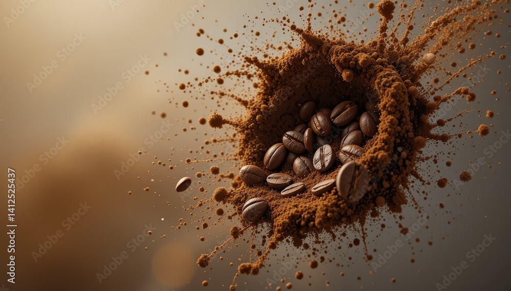 Poster coffee beans exploding from ground coffee a dynamic image