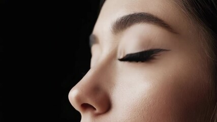 Woman's face, eye with eyeliner in profile, close-up view of skin, eyelashes, nose against a black background