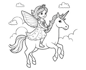 Fairy Princess Riding Unicorn in Sky Coloring Page Line Art